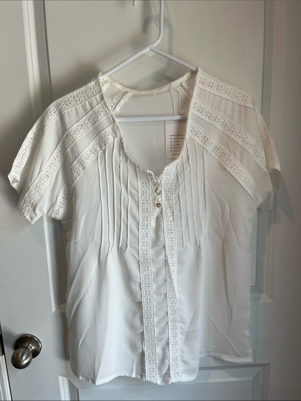 White Lace-Trim Button Front Women's Top